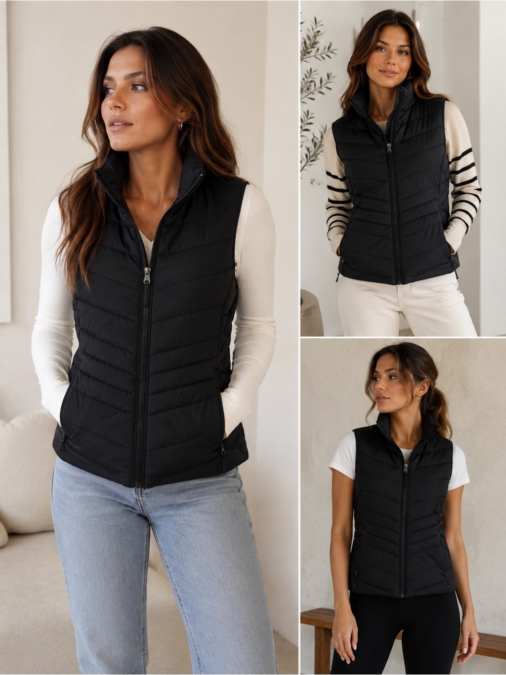 Talbots Petite Black Down Puffer Vest | Lightweight Quilted Zip Front MP